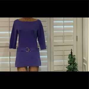 Purple top with attached belt, silver buckle, 3/4 sleeves